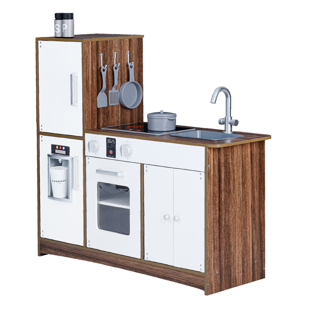 A Teamson Kids Little Chef Palm Springs Classic Kids Play Kitchen set for children with wooden finishes, including a sink, stove, oven, and other pretend appliances with interactive features.
