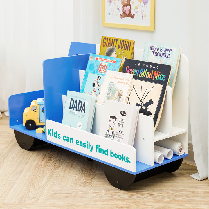 Kids can easily find books on the Fantasy Fields Truck Wooden Display Bookcase in their children's bedroom.