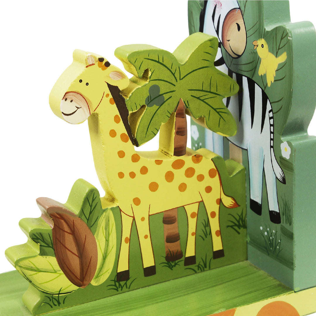 A Fantasy Fields Sunny Safari Bookend with cartoon animals, perfect for playroom organization.