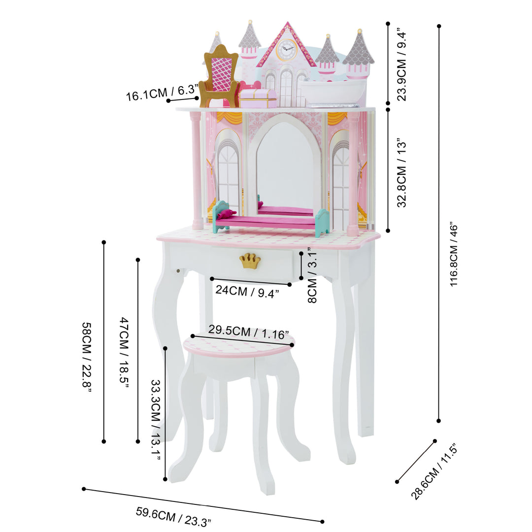 A Fantasy Fields Kids Dreamland Castle vanity set with chair and accessories in white and pink.