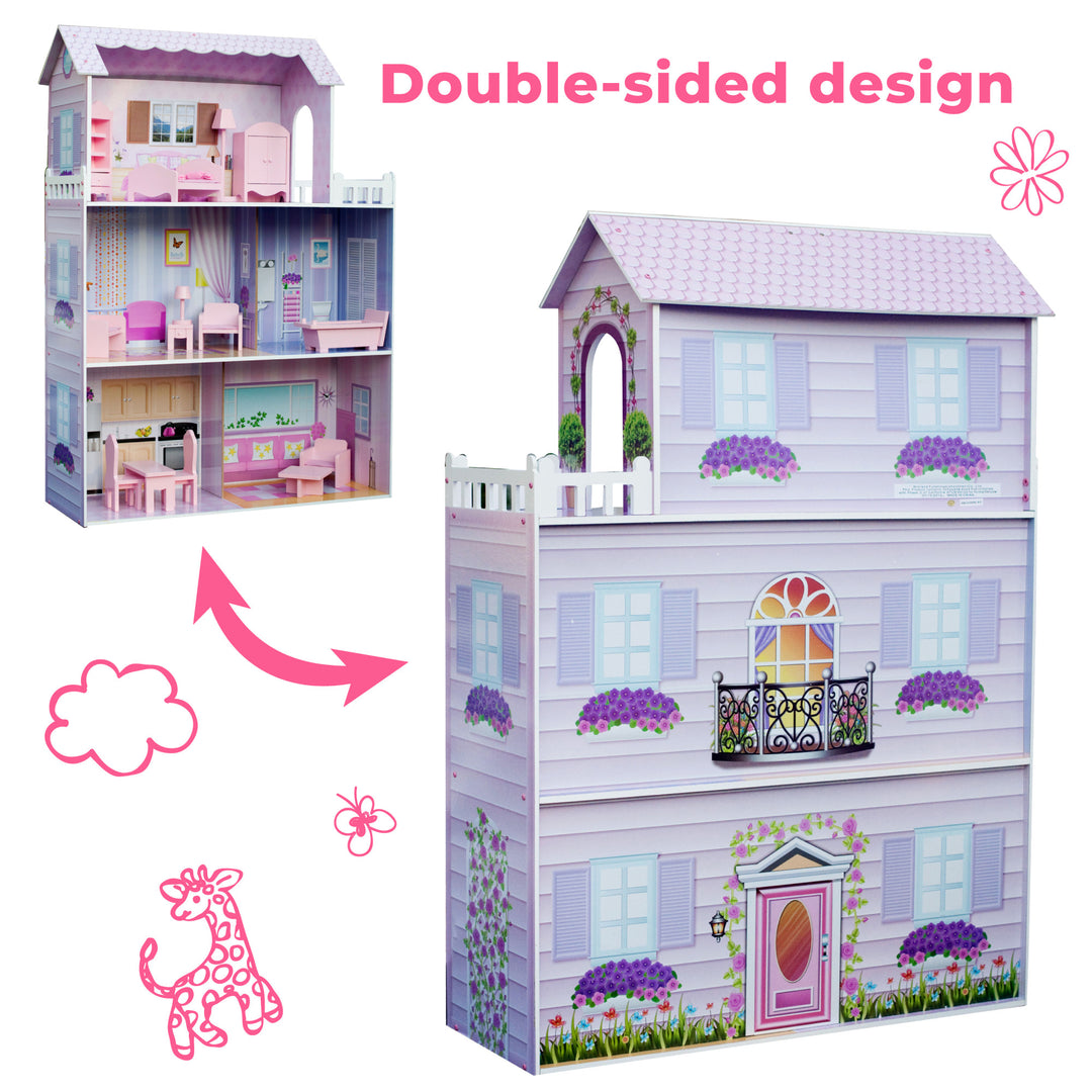 The front and back view of a three-story dollhouse with the caption, "double-sided design"