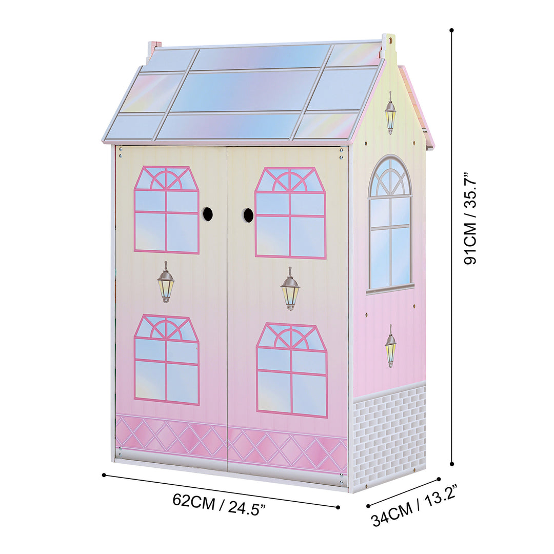 A Olivia's Little World Dreamland Glass-Look Dollhouse for 12" Dolls, Multi-Color with the dimensions in inches and centimeters.