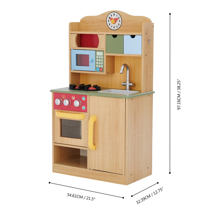 Teamson Kids Little Chef Florence Classic Play Kitchen with 5 Kitchen Accessory Toys, Wood Grain with dimensions in centimeters and inches.