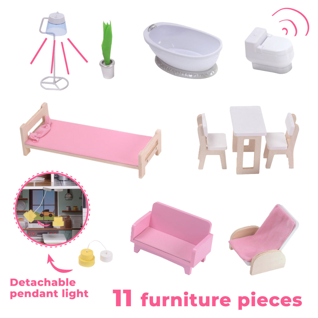 A photo of the 11 included accessories: floor lamp that turns on and off, a potted plant, a bathtub, a toilet that makes flushing noises, a single bed, a table with two chairs, a pendant light, a sofa, and a lounge. There is a callout for the detachable pendant light and a caption "11 furniture pieces"