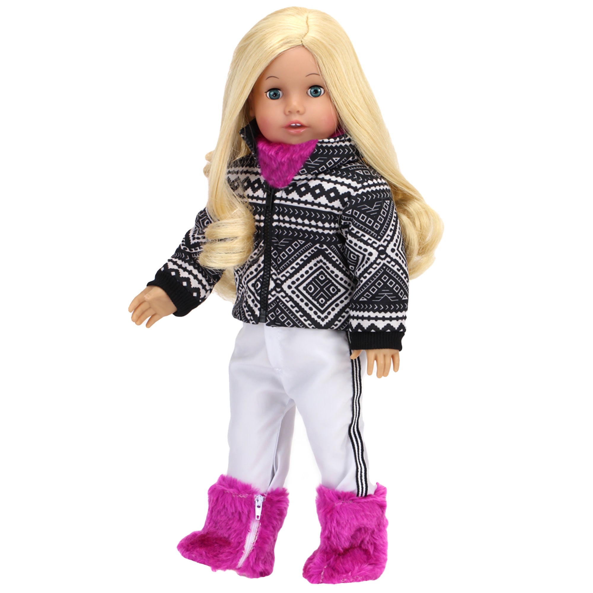 Sophia’s Mix & Match Ikat-Inspired Print Ski Coat, White Pants, Fuzzy Neck Warmer, & Matching Boots Winter Sports Outfit Set for 18” Dolls, Black/Berry