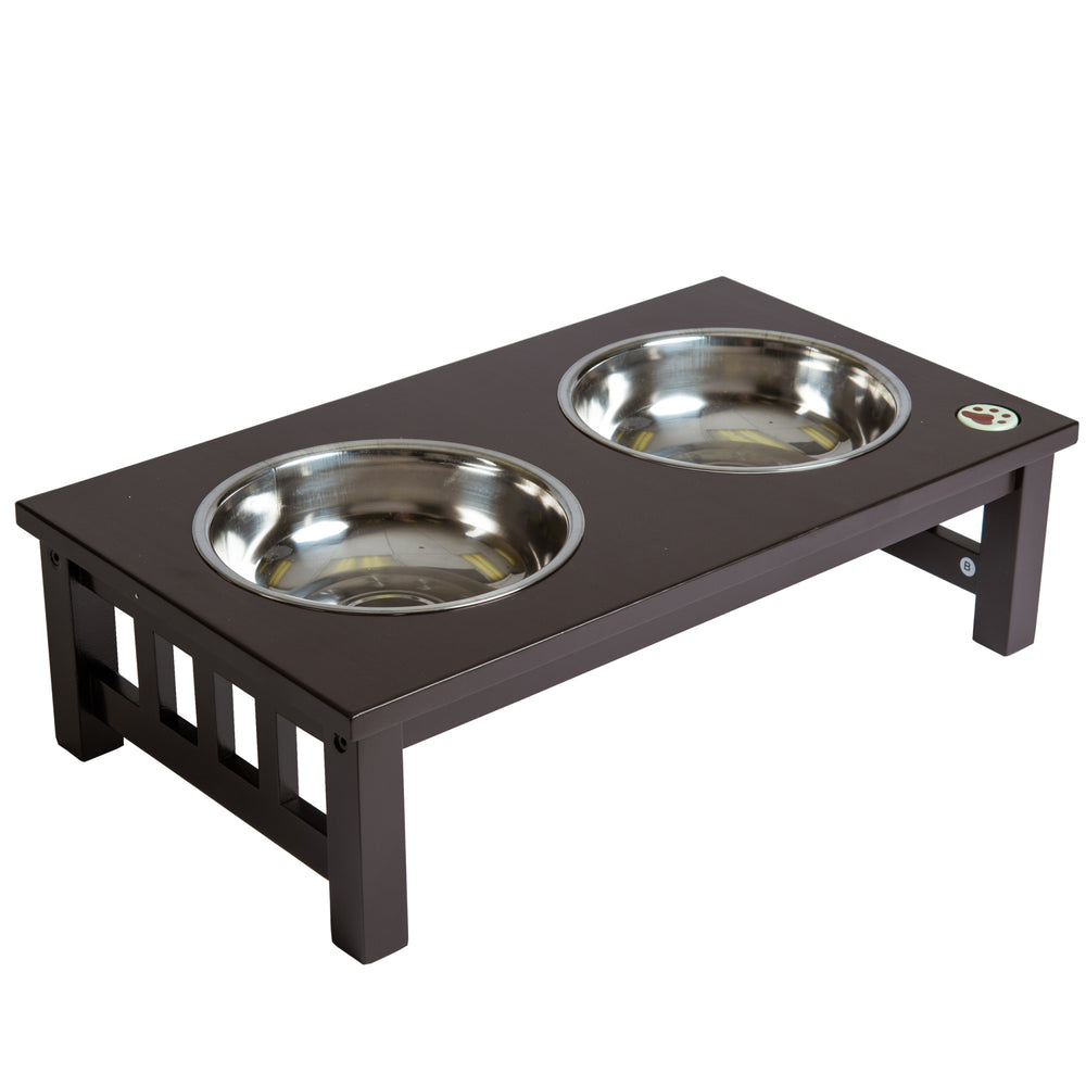 Teamson Pets 6.5" Pet Dog Feeder with two stainless steel bowls on a wooden stand, featuring a Dark Espresso finish.