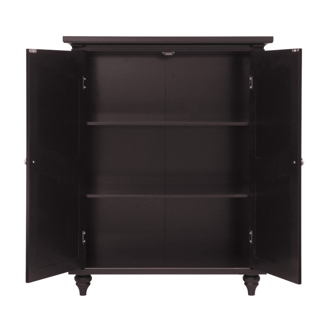 Teamson Home Versailles Dark Espresso Floor Cabinet with the doors open with two adjustable shelves and decorative bun feet
