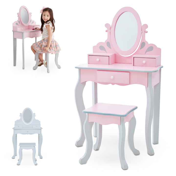 In the top left corner, a little girl sitting at a pink and gray kids vanity set, on the bottom left a white vanity table and stool, and on the right a view of the pink and gray vanity set with mirror.