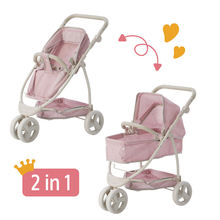 Graphic captioned "2 in 1" with a photo of the doll stroller in a seated position and one in the bassinet position.