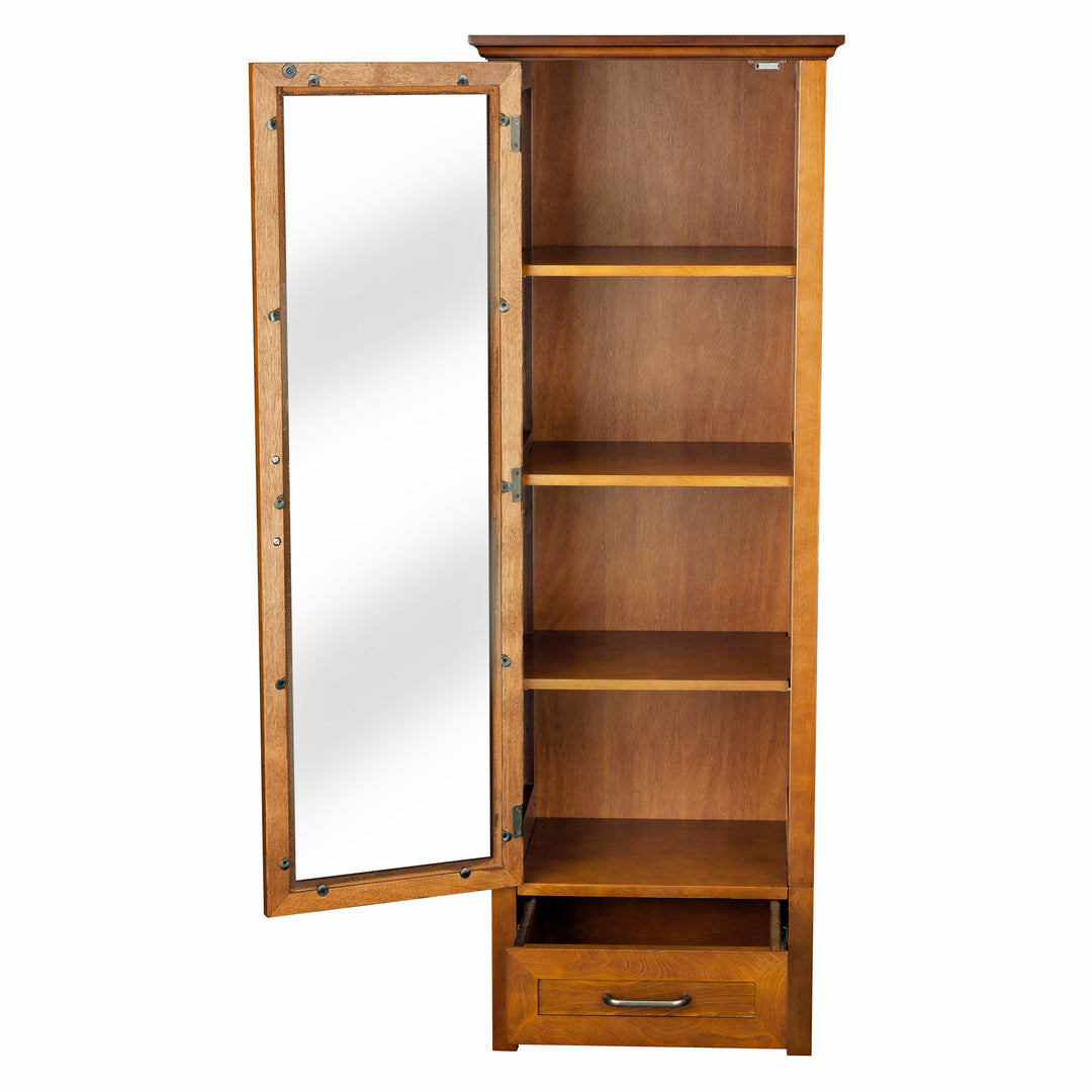 Teamson Home Avery Wooden Linen Tower Cabinet with Storage, Oiled Oak with an open door featuring multiple shelves inside, designed for extra stability, with a single drawer at the bottom.