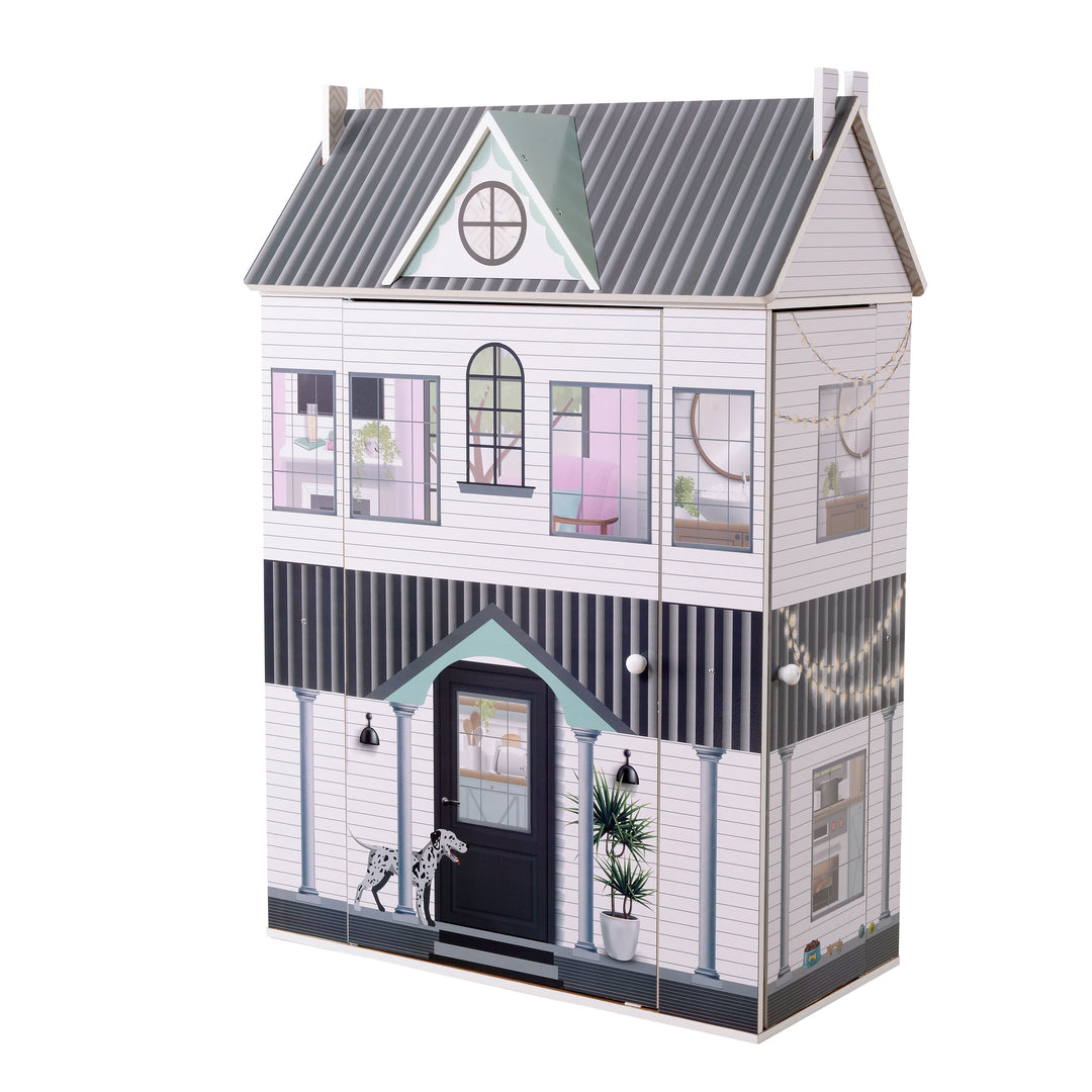 Olivia's Little World - Dreamland 3 side open Farmhouse Doll House with black and white illustrations.