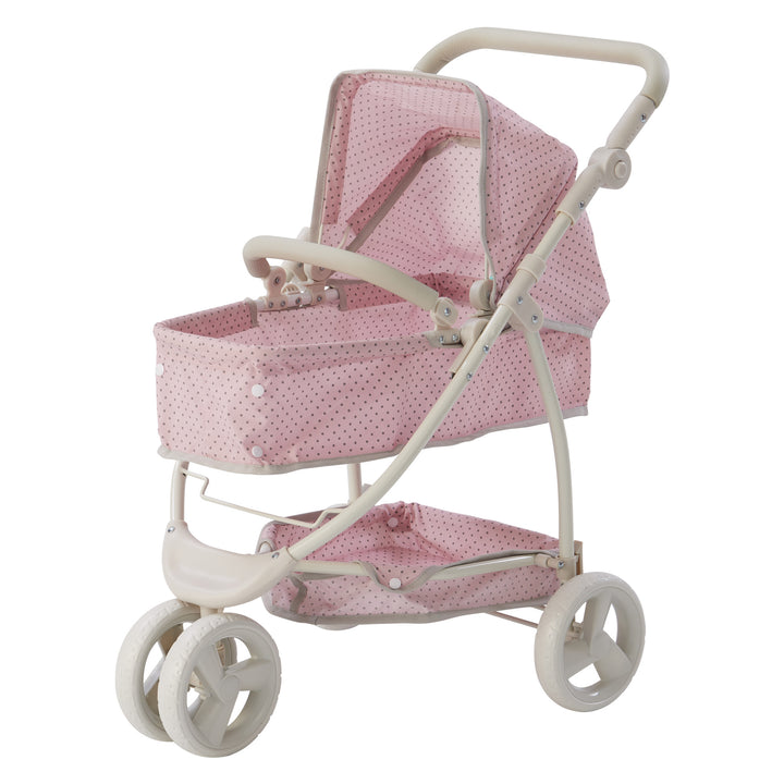 A pink Olivia's Little World Polka Dots Princess 2-in-1 Baby Doll Stroller with an adjustable handle, pink with gray polka dots, and white wheels.