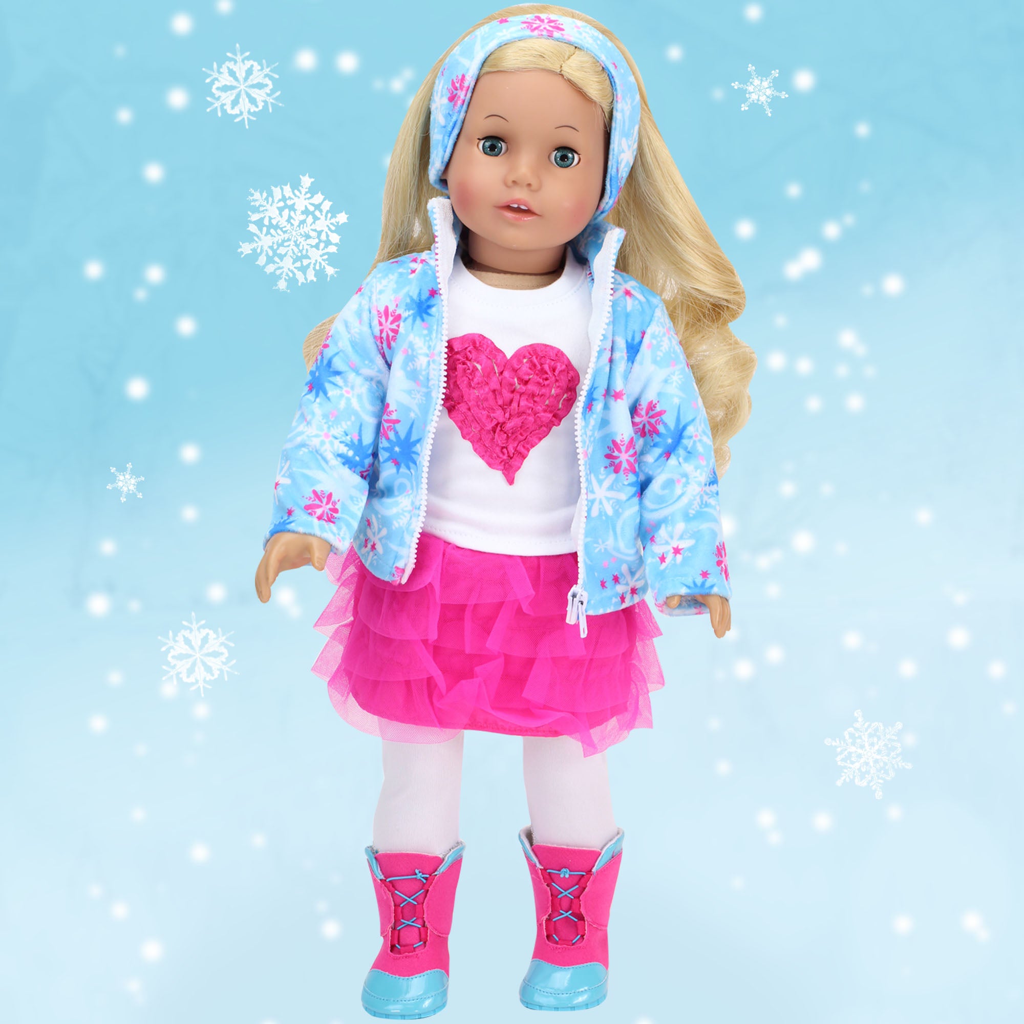 Sophia’s Seasonal Winter Snowflake Print Fleece Zip-Up Jacket & Matching Earmuff Set for 18” Dolls, Light Blue