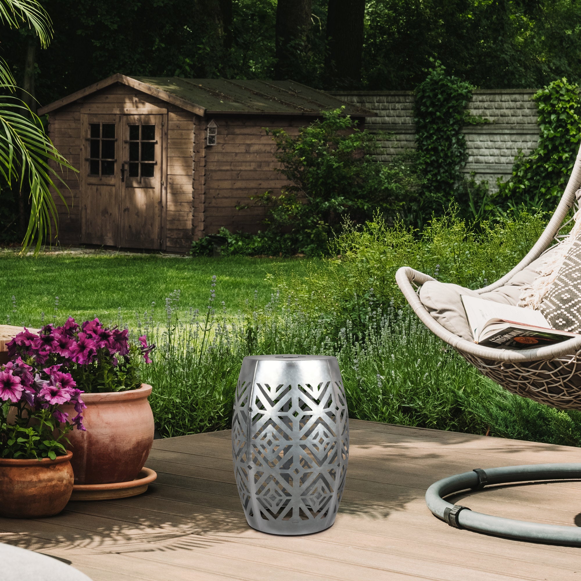 Teamson Home Outdoor Side Table Planter Stand with Cut Out Design, Silver