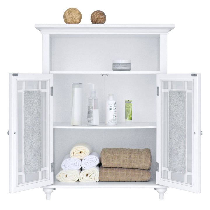 The Windsor Floor Cabinet in white open with personal items and towels inside, and on the open shelf on top