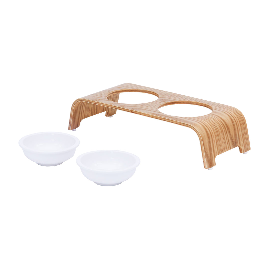 Billie Small Elevated Ash Wood Pet Feeder with the white ceramic bowls removed. 