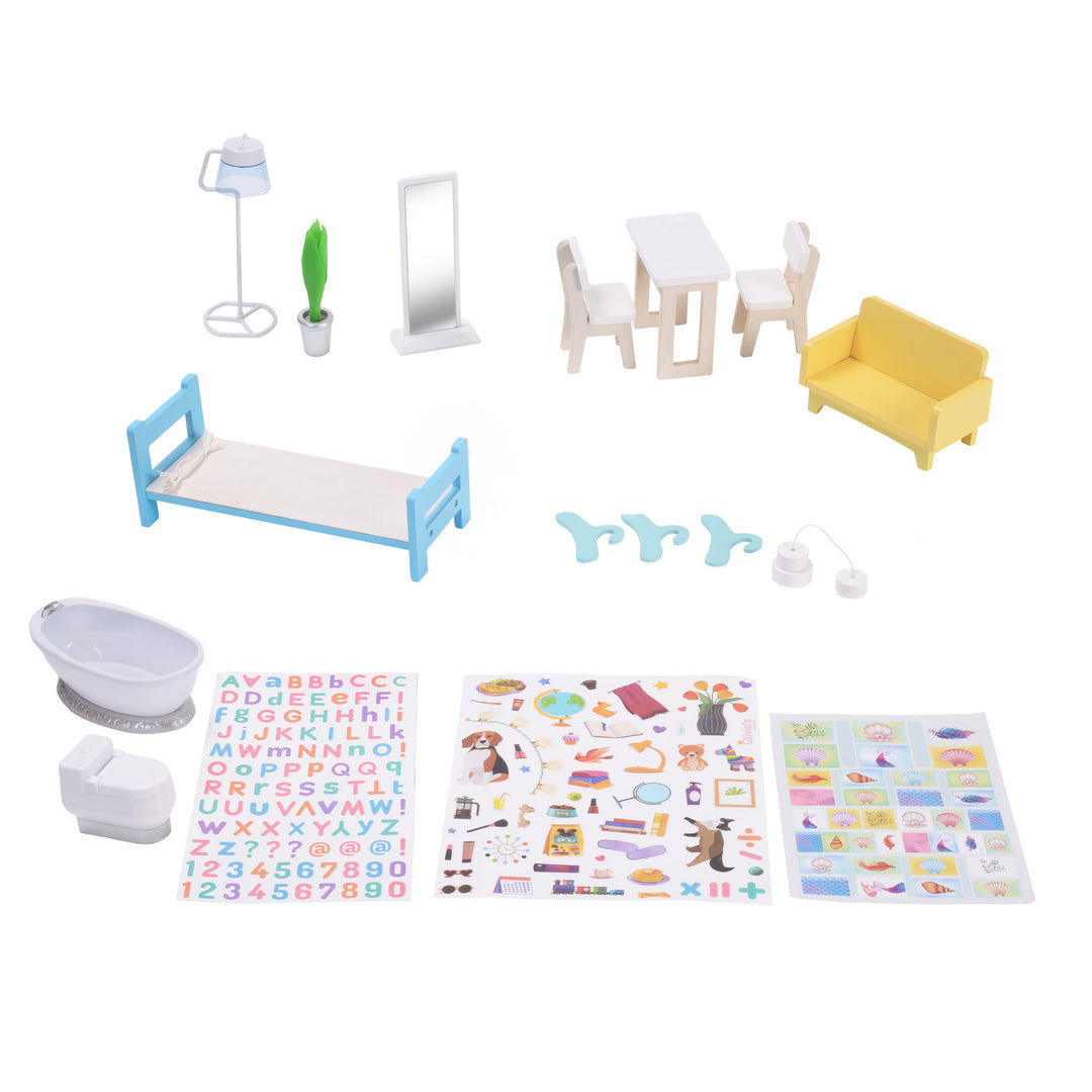 Accessories: white floor lamp with an on/off, potted plant, a full-length mirror, a table with two chairs, a yellow sofa, a blue bed, three hangers, a pendant light, a bathtub, a toilet that makes a flushing sound, three sheets of stickers.