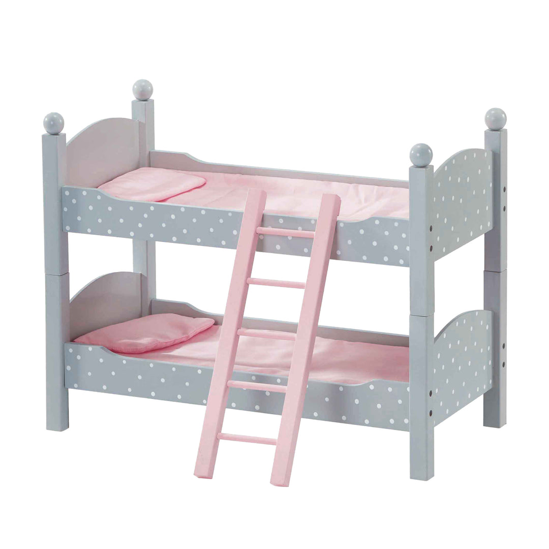 Olivia's Little World Polka Dots Princess Double Bunk Bed for 18" Dolls, Gray with a ladder, pink polka dot sheets, and an eco-friendly design.