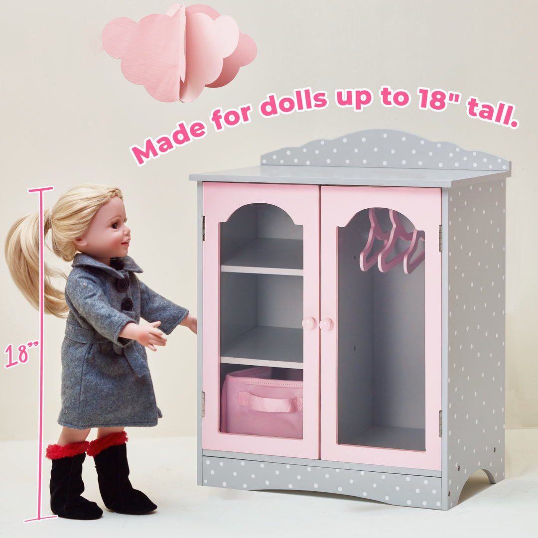 An 18" doll standing next to the closet with the caption, "Made for dolls up to 18" tall."