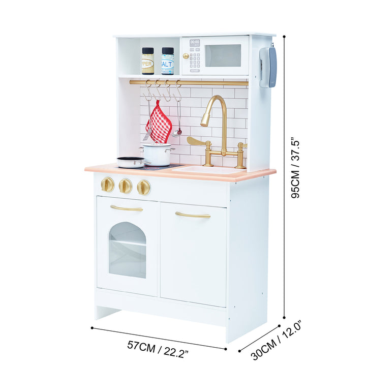 Teamson Kids Little Chef Boston Classic Play Kitchen & Cookware, White with dimensions labeled in centimeters and inches..