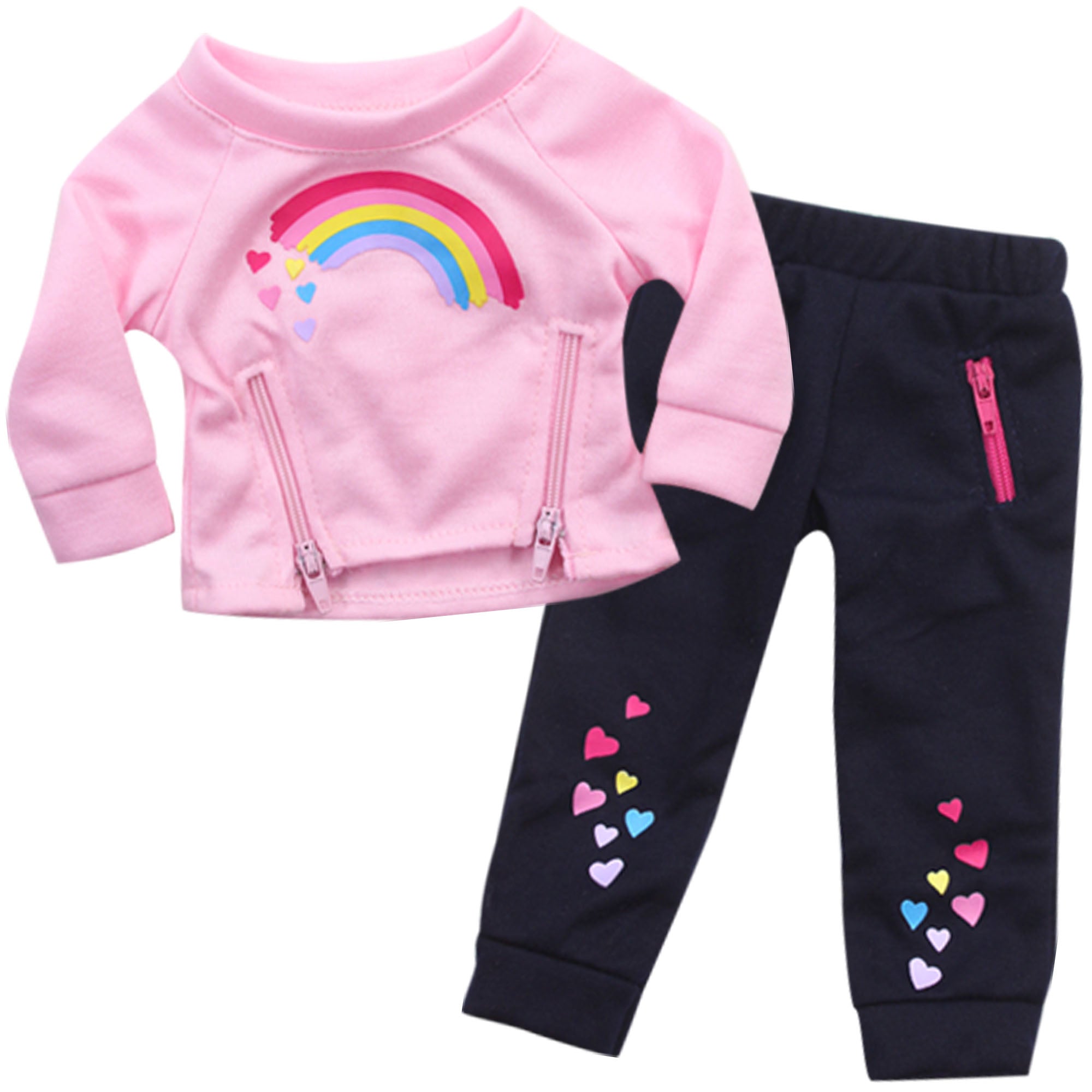 Sophia’s Athletic Graphic Rainbow Sweatshirt & Navy Heart Zip Pocket Joggers Complete Sweatsuit Outfit Set for 18” Dolls, Light Pink