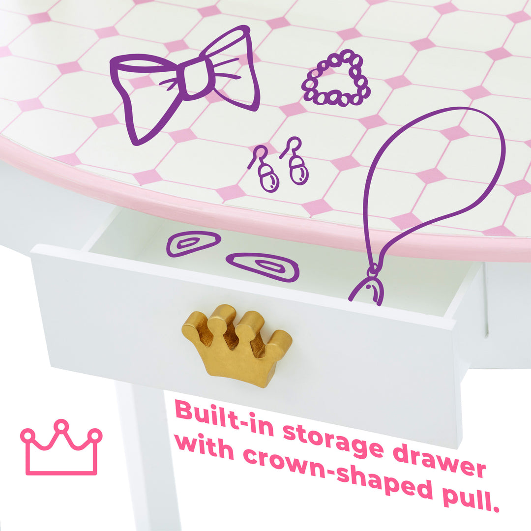 The open storage drawer with illustrated items on top and inside of a pink and white vanity set.