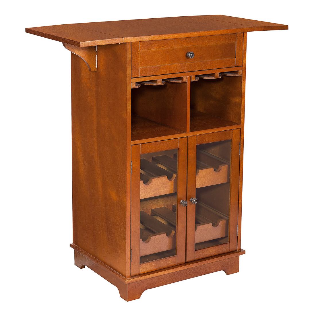 Teamson Home Peoria Wine Cabinet, Brown with glass holders and storage shelves.