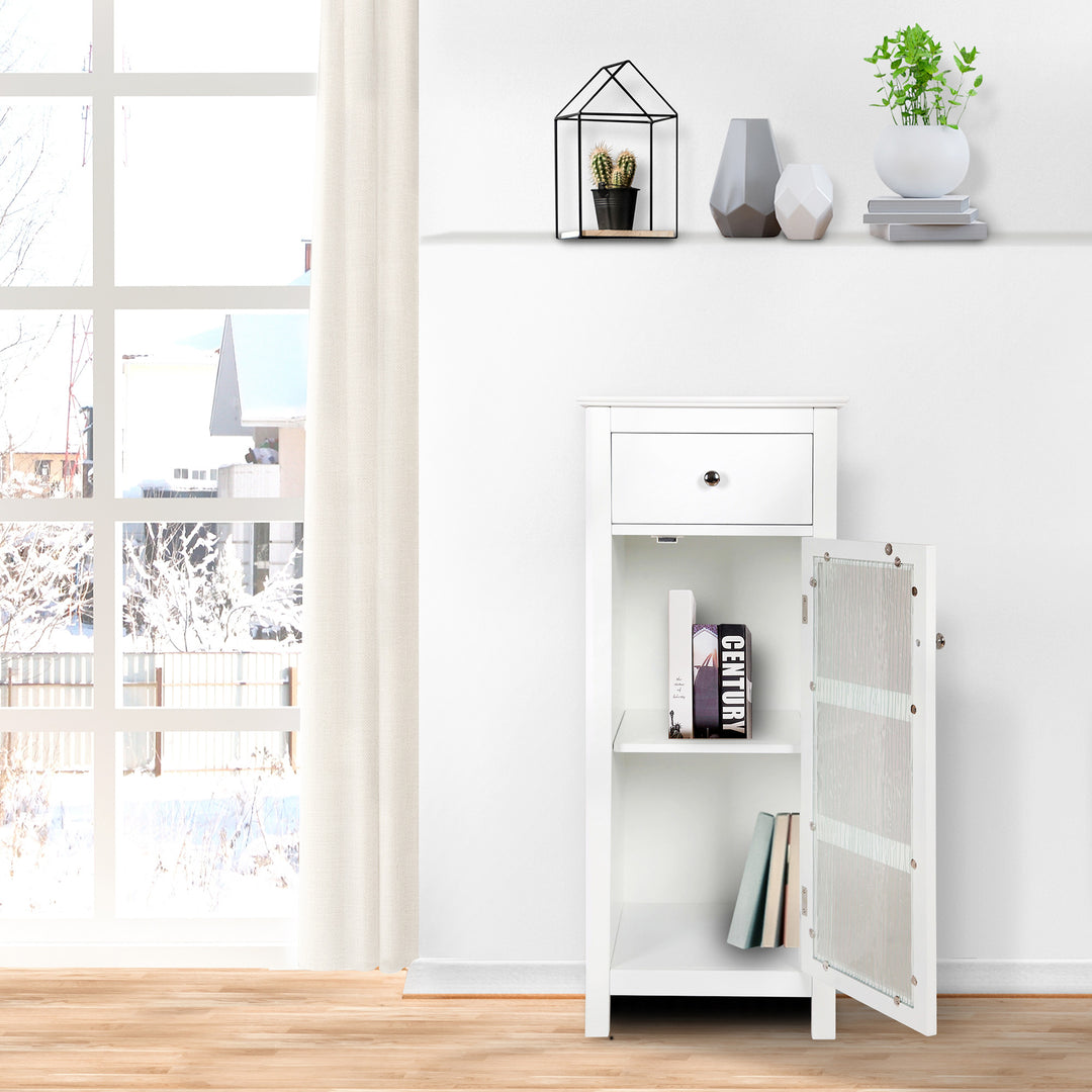 A bright room with a Teamson Home Connor Floor Cabinet with Storage Drawer with the door open, White next to a window