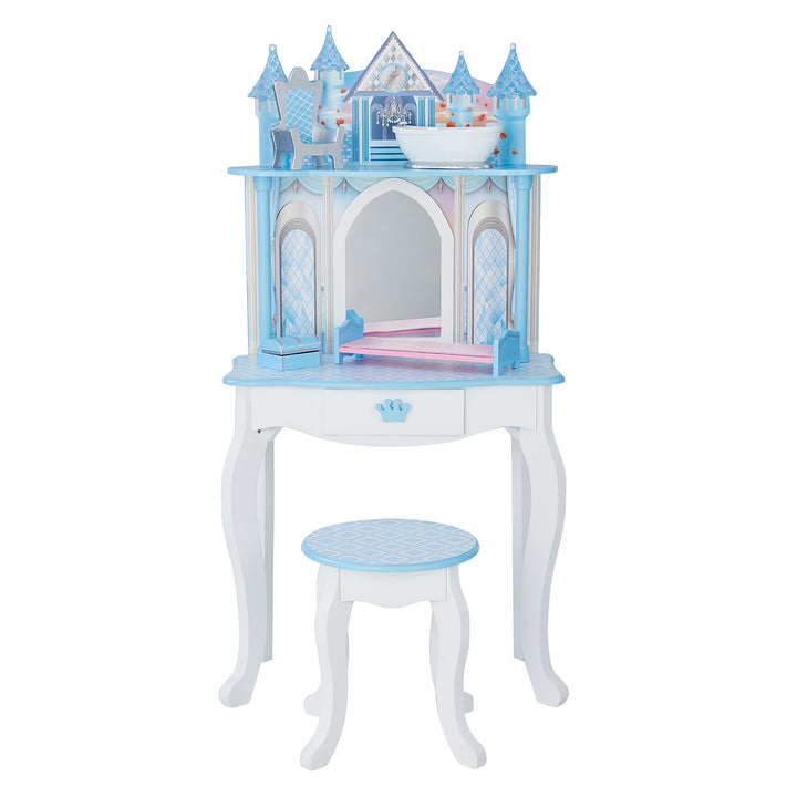 A Fantasy Fields Kids Dreamland Castle vanity set with a mirror and stool.