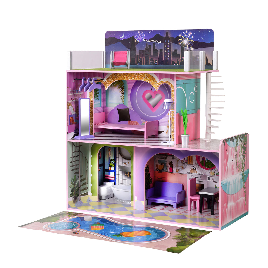 A modern style Olivia's Little World Kids Wooden Dreamland Sunset 3-Level Dollhouse Set with a balcony and accessories, in pink and purple.