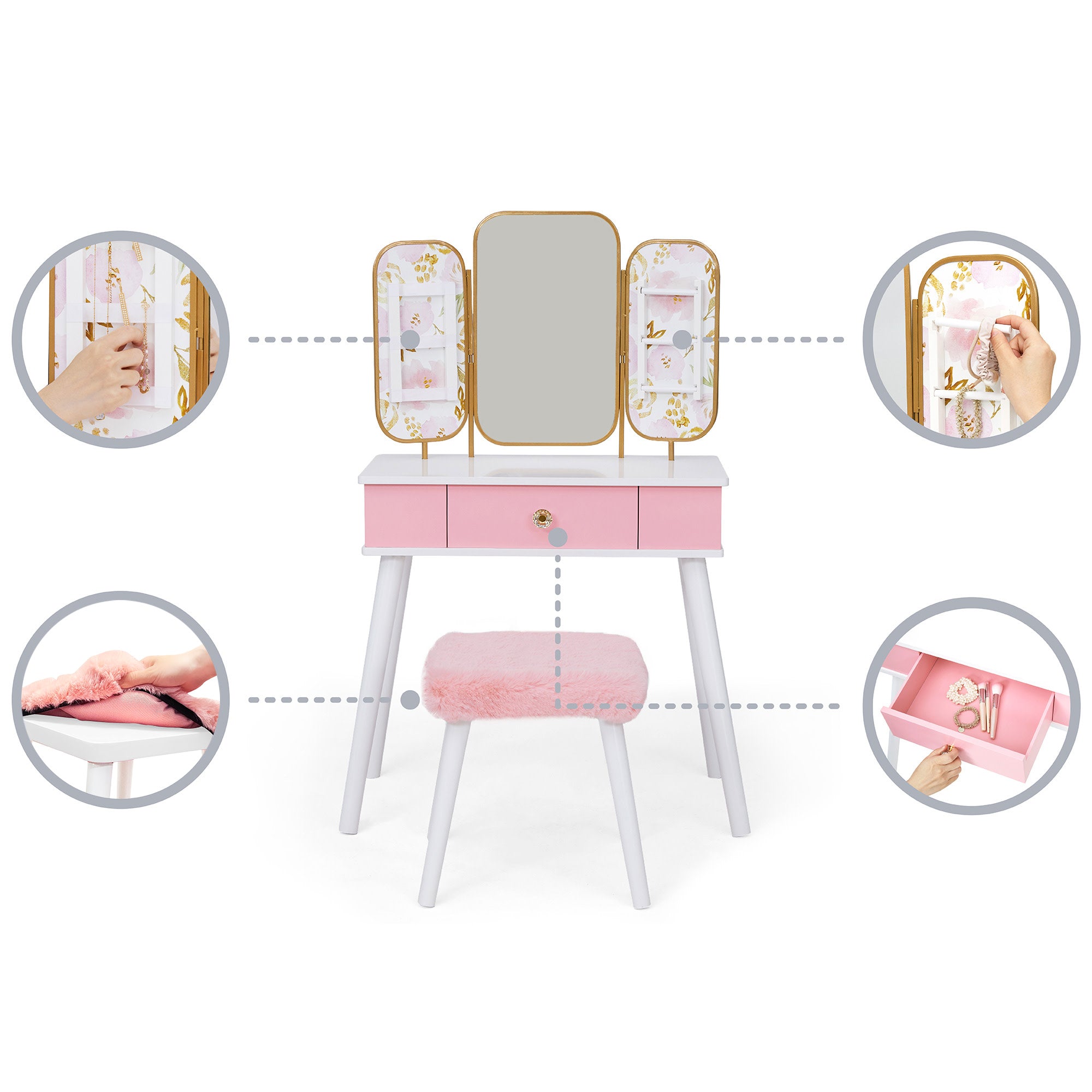 Fantasy Fields Kids Little Lady Izabel Floral Vanity with Mirror, Storage and Stool, Pink