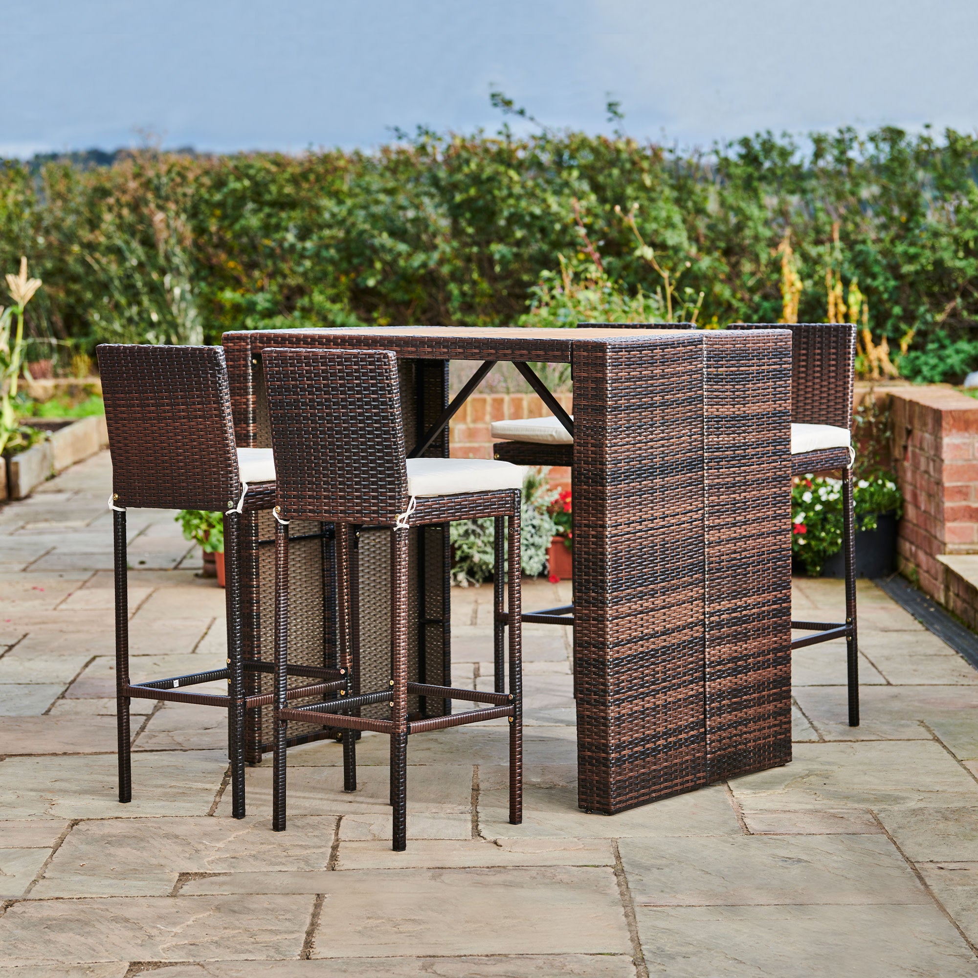 Teamson Home 5 Pc Outdoor Wicker Dining Set with Acacia Tabletop and Cushions, Brown