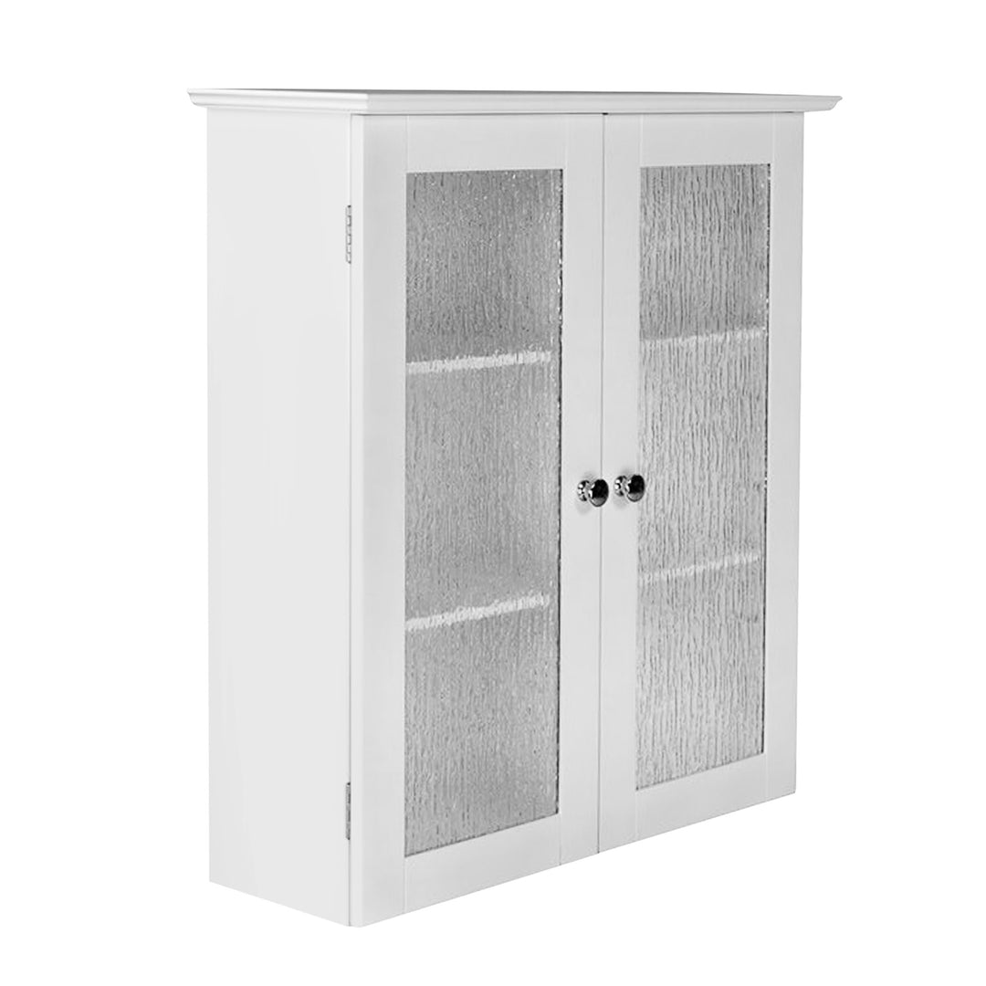 A view from a side angle of the Elegant Home Fashions Connor Removable Wall Cabinet with 2 Glass Doors