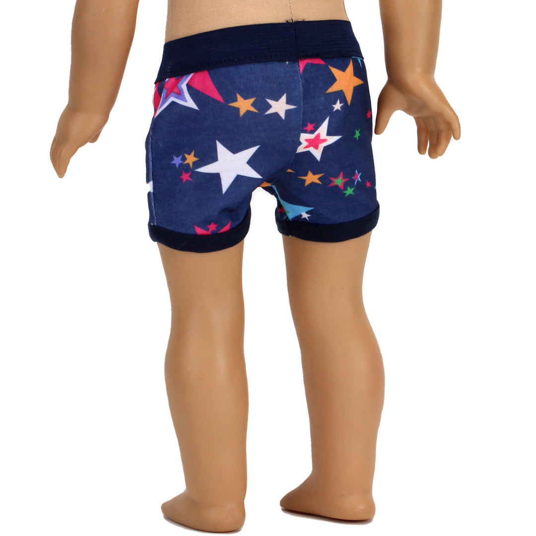 A Sophia's 18" boy doll's lower half with a pair of navy blue underpants with multi-colored stars on them.