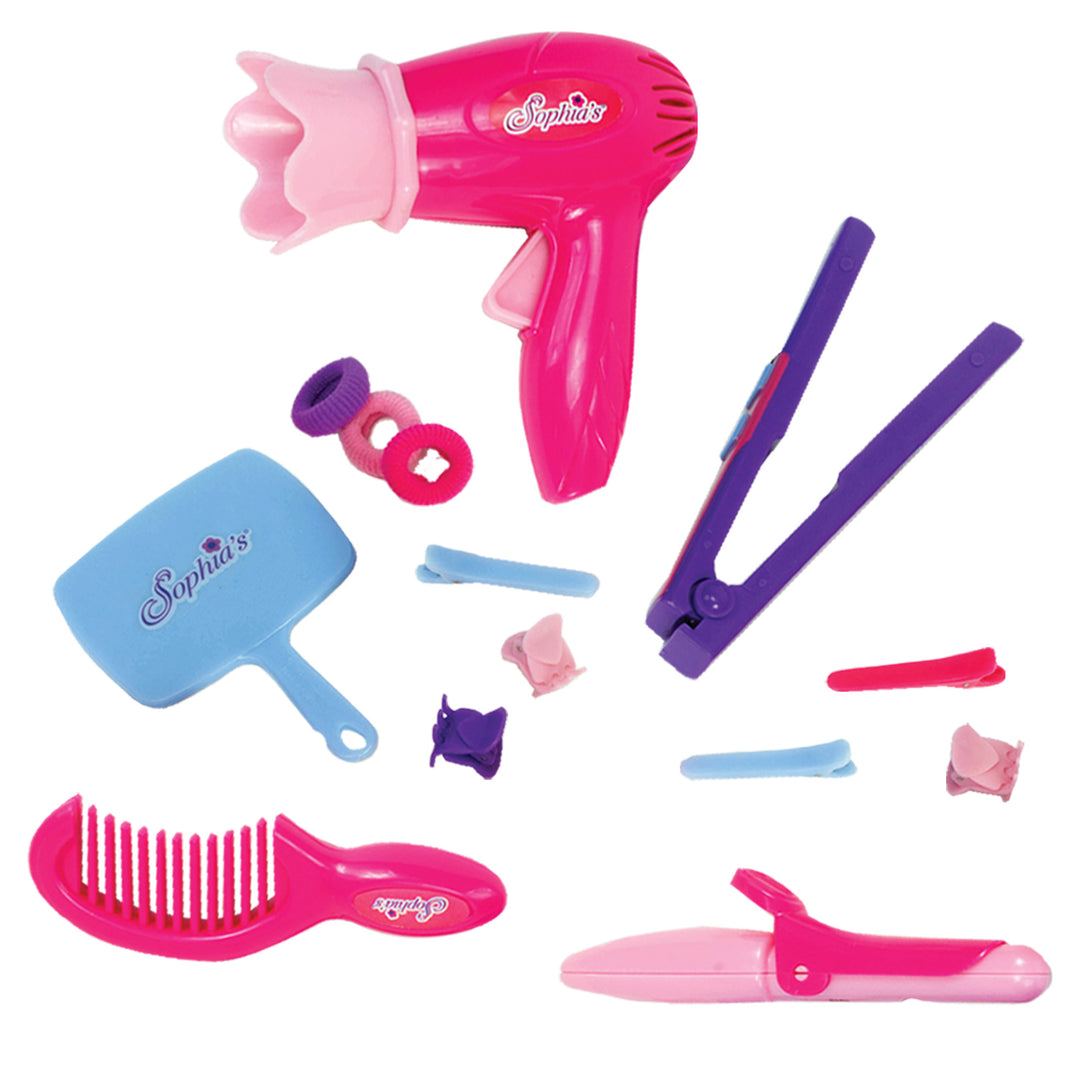 Accesdories included: hair dryer, 3 pony tail holder, a hand mirror, a flat iron, 3 clips, a curling iron, 3 barrettes, and a comb in pink, blue and purple.