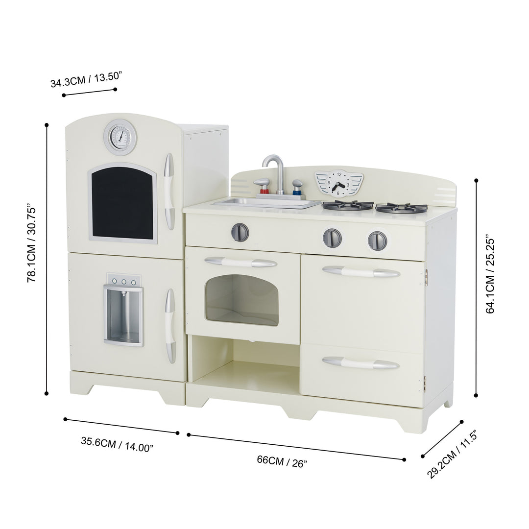 A Teamson Kids Little Chef Fairfield Retro Kids Kitchen Playset with Refrigerator, Ivory with interactive features and measurements displayed on the image.