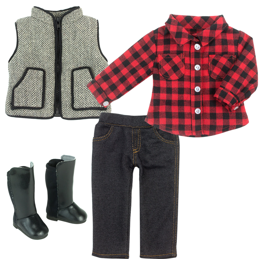 A gray herringbone vest with a zipper, a red buffalo check shirt, a pair of dark denim jeans with yellow stitching, and a pair of black knee-high boots for an 18" doll.