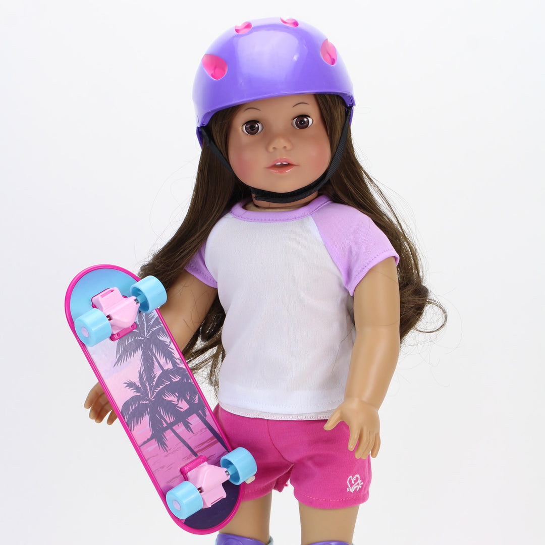 An 18" brunette doll with a purple helmet on and a skateboard in her hands.