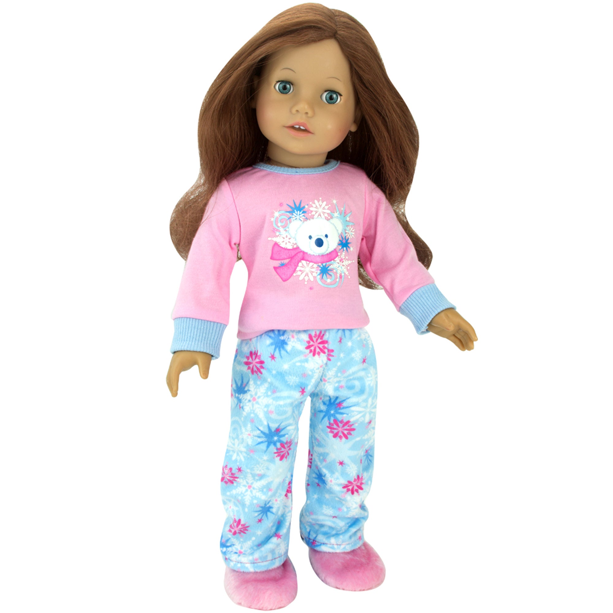 Sophia's 3 Piece Winter Pajamas with Polar Bear Shirt, Fleece Pants and Slippers for 18" Dolls, Pink/Blue
