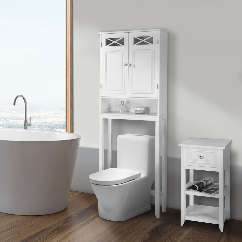 A modern bathroom interior with a white freestanding bathtub, toilet, and a White Teamson Home Dawson Over the Toilet Storage Cabinet