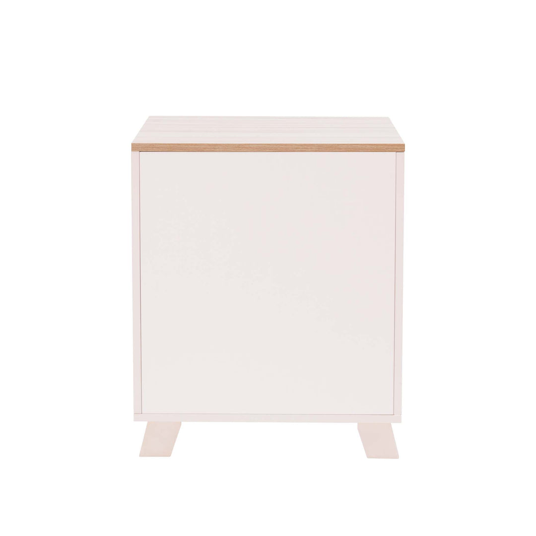 A view of the back of the Elyse Elevated Vented Wooden Cat Litter Box Enclosure Side Table, Tan and White