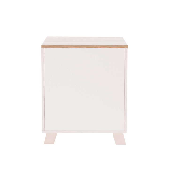 A view of the back of the Elyse Elevated Vented Wooden Cat Litter Box Enclosure Side Table, Tan and White