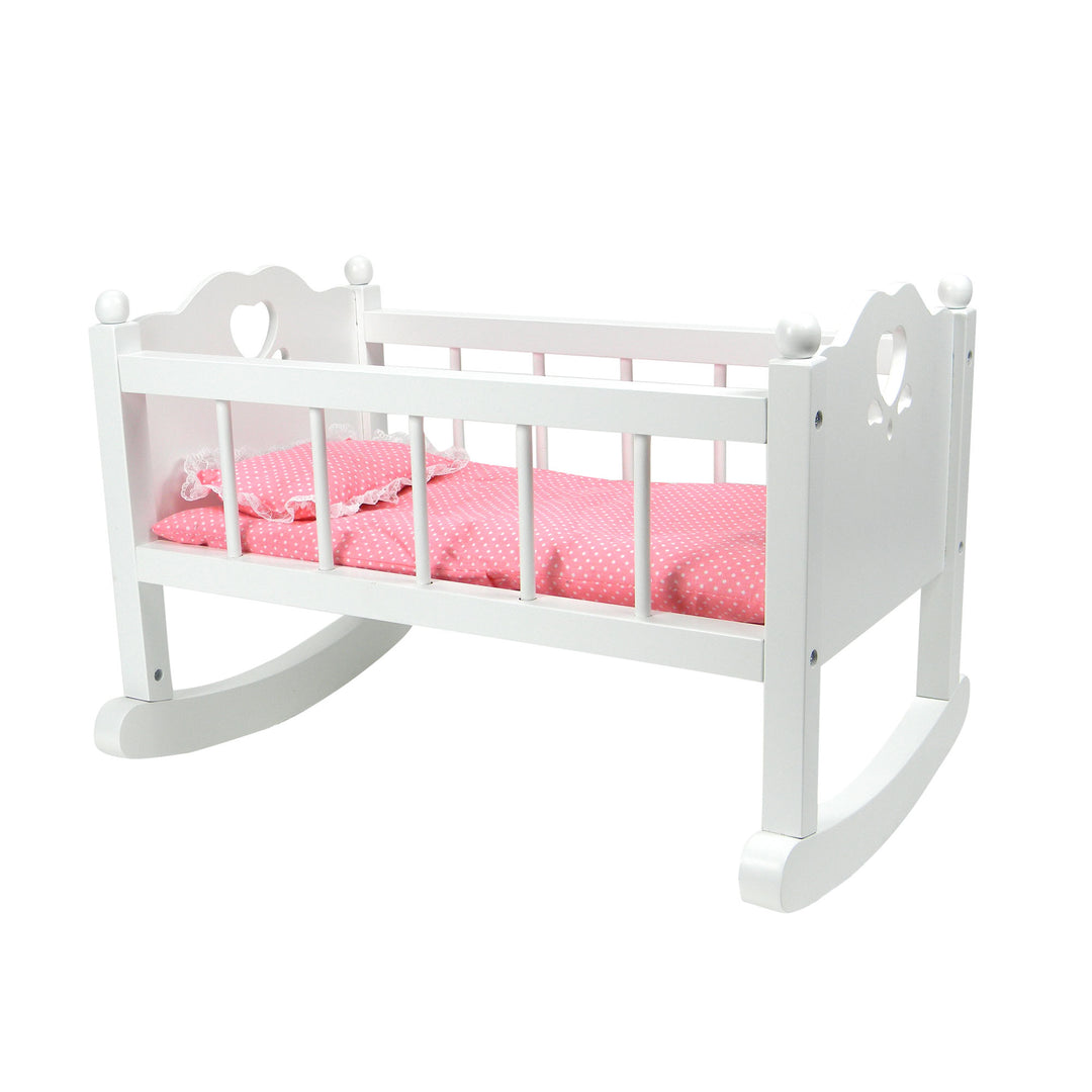 A Sophia's white baby doll cradle furniture set with pink bedding and a rocking design.