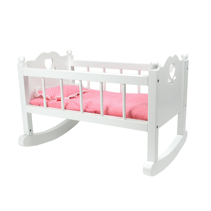 A Sophia's white baby doll cradle furniture set with pink bedding and a rocking design.