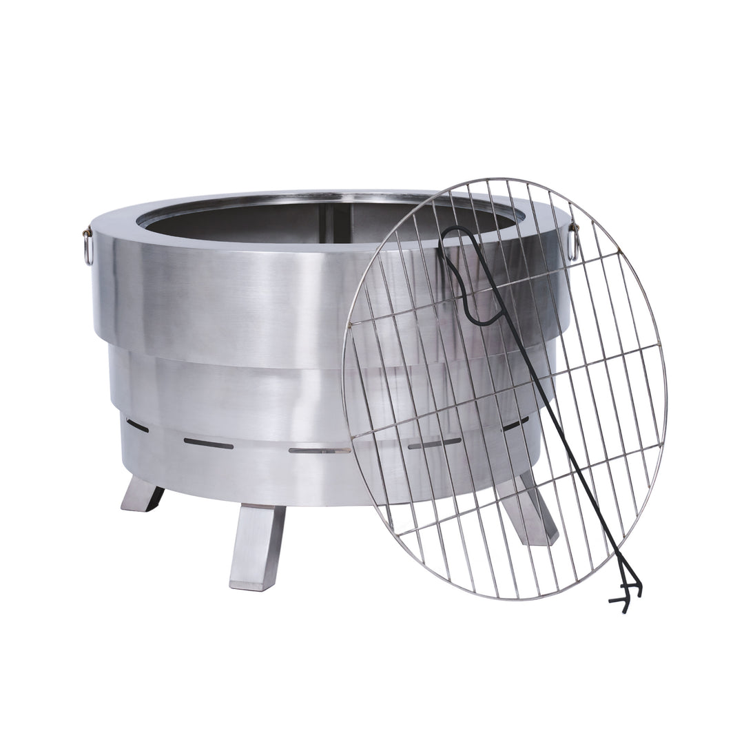 Teamson Home Felix Stainless Steel Collapsible Wood-Burning Fire Pit with a BBQ grill lid and poker