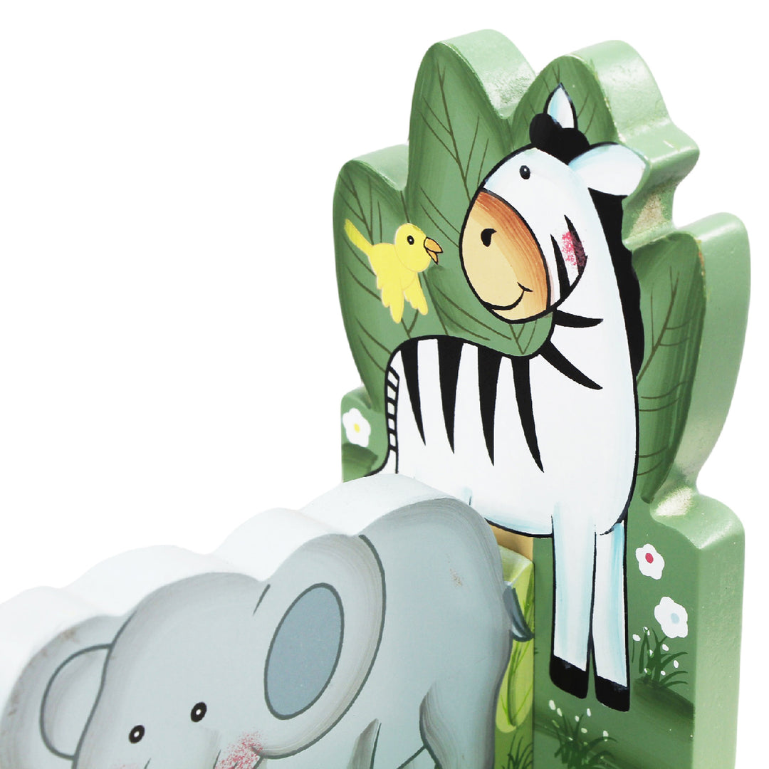 A Fantasy Fields Sunny Safari Bookends with a zebra and a giraffe, perfect for playroom organization.