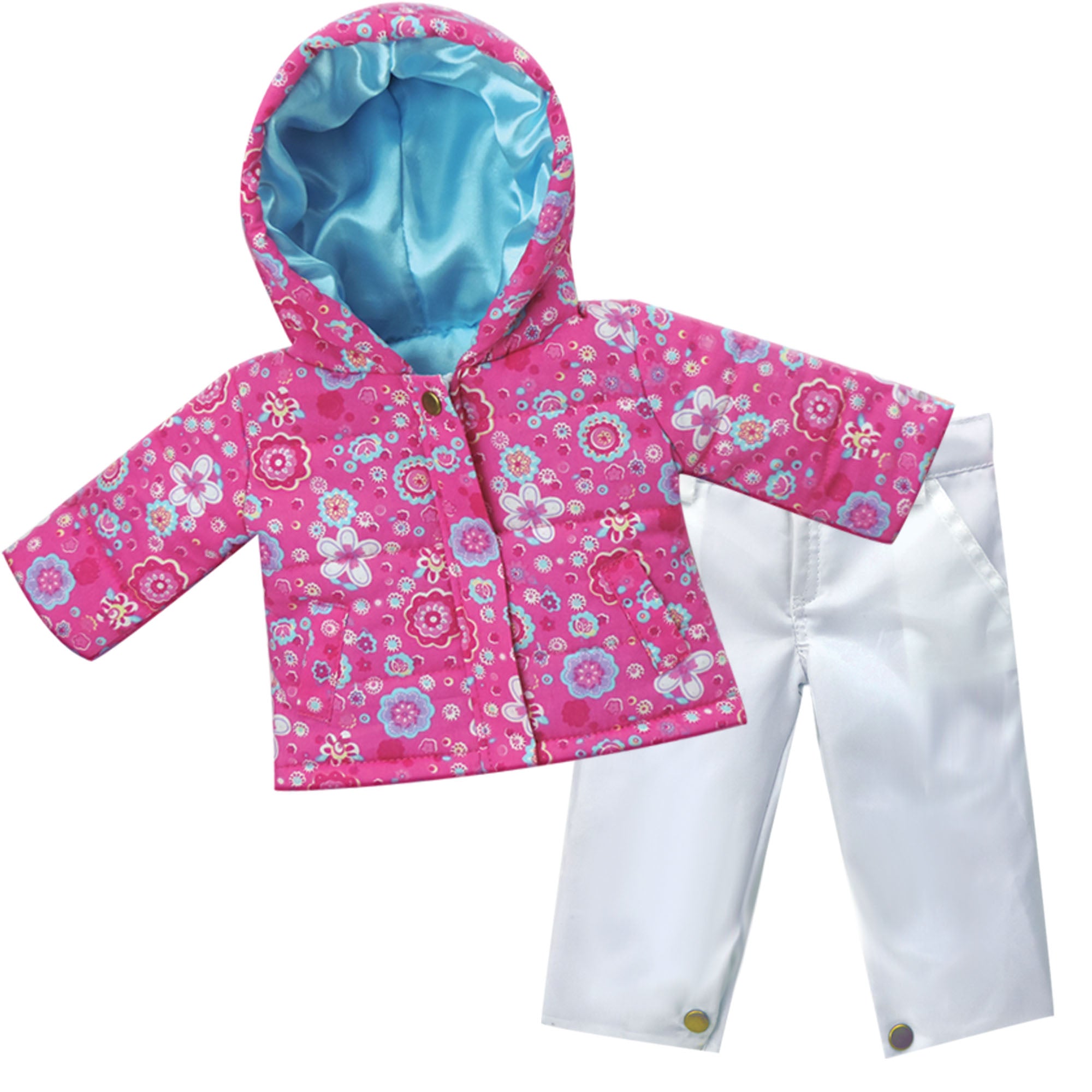 Sophia’s Two-Piece Bright & Colorful Flower Print Winter Parka & White Snowboard Pants Complete Clothing Outfit Set for 18” Dolls, Hot Pink