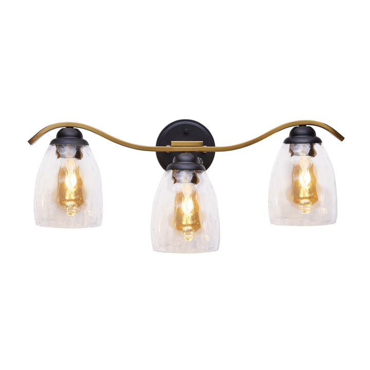 Heidi 3-Light Bathroom Vanity Fixture with Dimmer, Clear Hammered Glass Cloche Shades, Black/Brass with edison-style bulbs inside