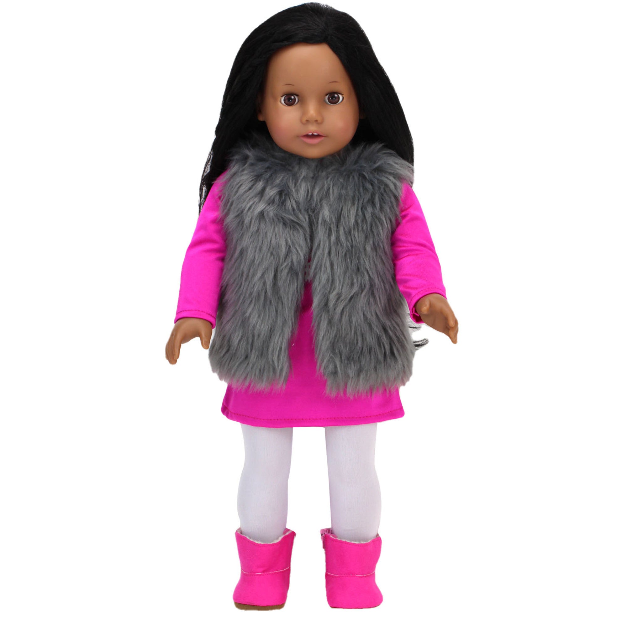 Sophia’s Snowflake T-Shirt Tunic Dress, Shaggy Faux Fur Vest, Solid-Colored Leggings, & Booties Winter Outfit Set for 18” Dolls, Hot Pink/Silver/White