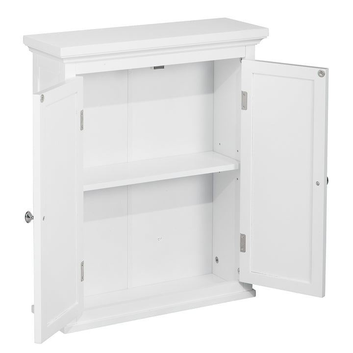 Close-up of a Teamson Home Glancy Wooden Wall Cabinet with Shutter Doors, White with the doors open revealing the internal adjustable shelf